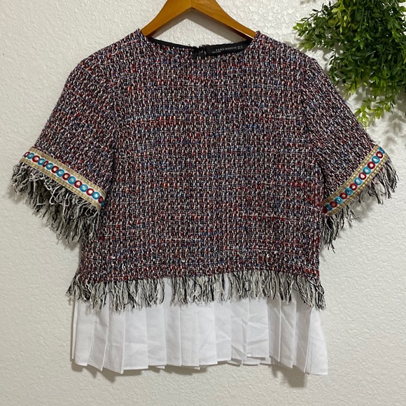 Zara Woman Tweed and Shirt Style Pleated Top - Picture 1 of 7